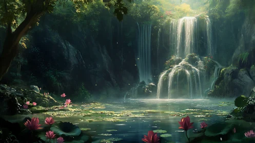Hidden lily waterfall pool wrapped in soft forest light.