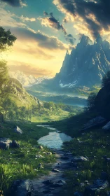 Sunlit fantasy valley with towering blue mountains and stream.