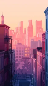 Sunrise light washes over stylized high-rise cityscape.