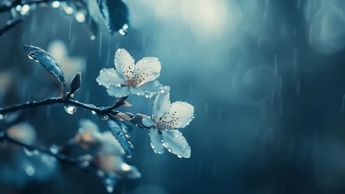 White blossoms with rain drops on dark branch.