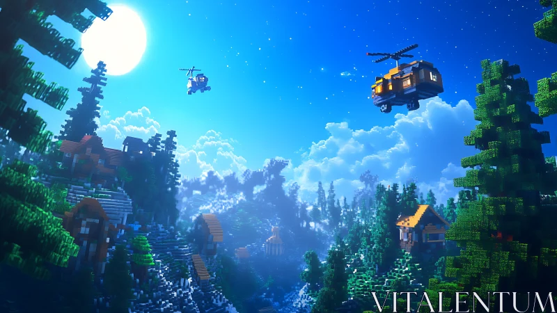 Voxel forest valley settlement with helicopters at night.