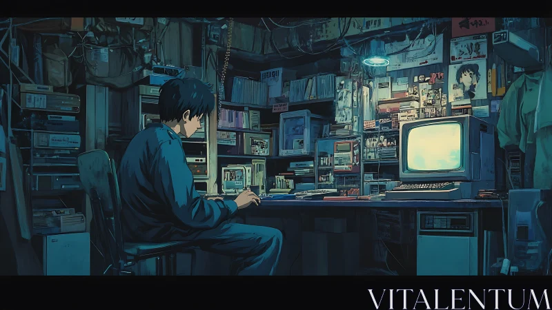 Solitary coder works in neon-lit retro computer bunker.