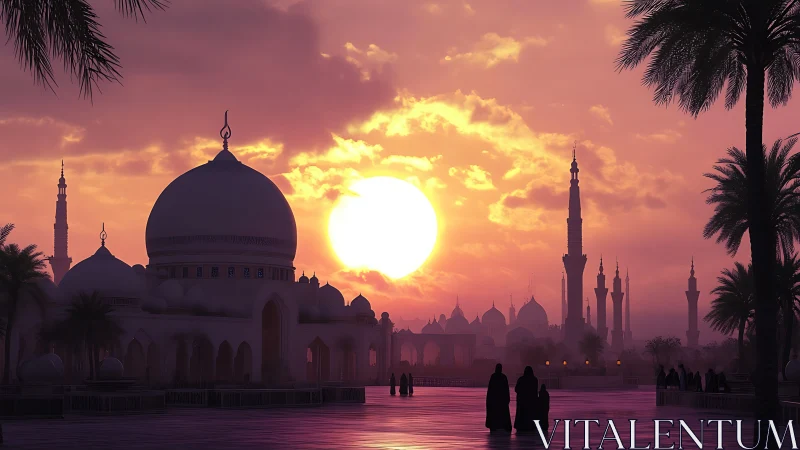 Sunlit mosque skyline under vivid sunset glow.