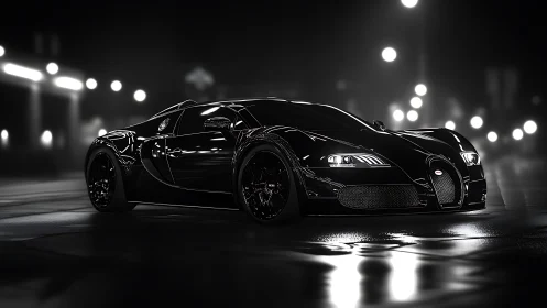 Black sports coupe on wet city street at night.