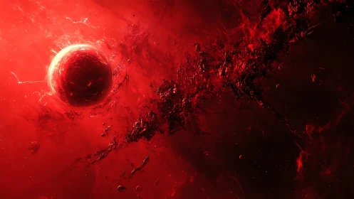 Crimson exoplanet suspended amid volatile nebular debris field