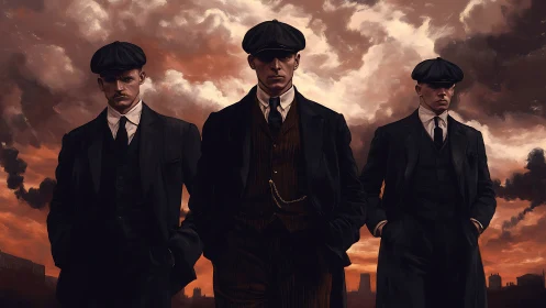 Three suited men against dramatic industrial sunset sky.