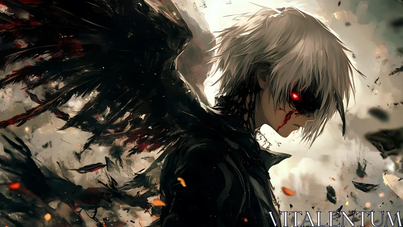 Monochrome-winged humanoid with glowing red eyes in chaotic debris field