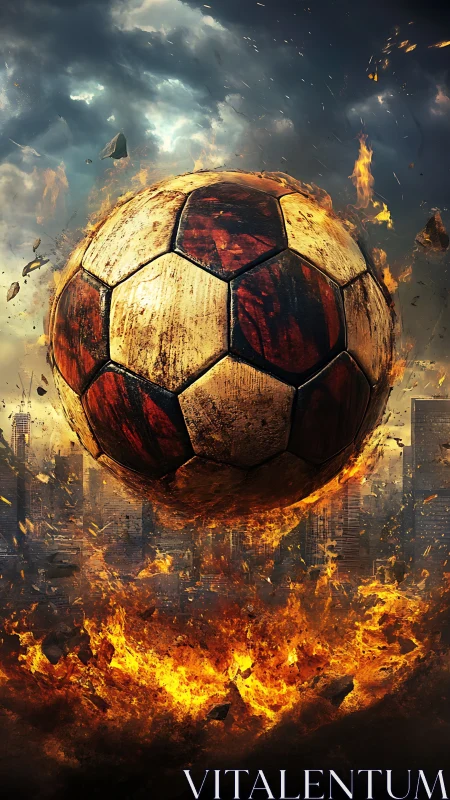Burning soccer ball over apocalyptic city inferno.