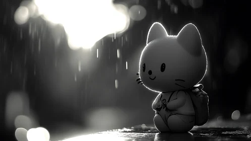 Monochrome cat figurine in rain with high contrast lighting.