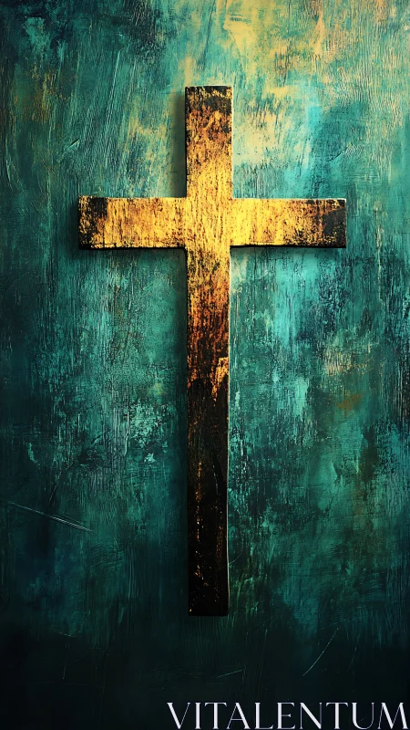 Radiant golden cross on textured teal abstract field.