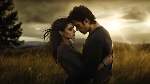 Couple embraces in golden field beneath dramatic sky.