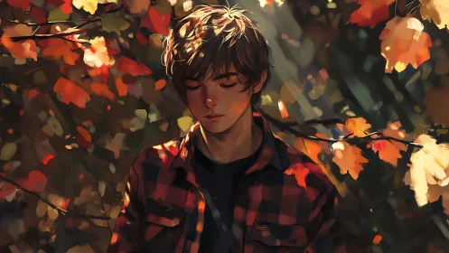 Autumn-lit youth in plaid amid falling leaves. Reflection.