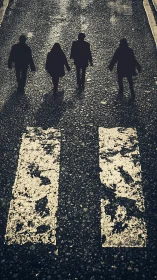 Silhouetted pedestrians crossing worn urban crosswalk.