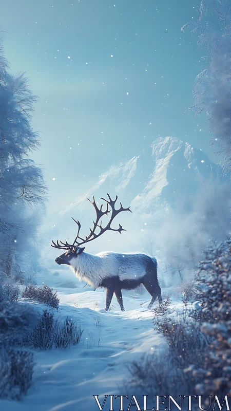 Gentle winter reindeer pausing under soft falling snow.