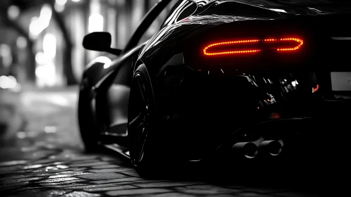 Rear view of black sports car on wet cobblestone street.
