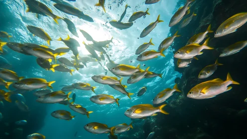 School of reef fish in backlit wide‑angle underwater scene