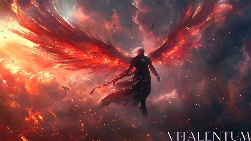 Fiery winged entity ascends through apocalyptic cloudscape