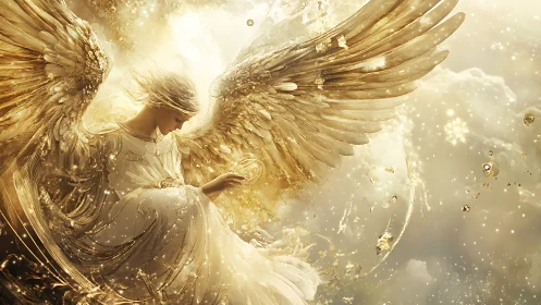 Golden seraphim descends through radiant celestial light.