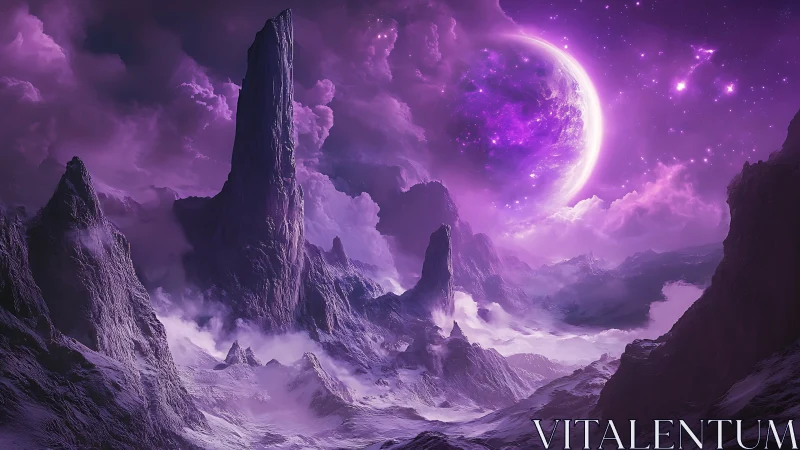Violet alien canyon under radiant crystalline moon.