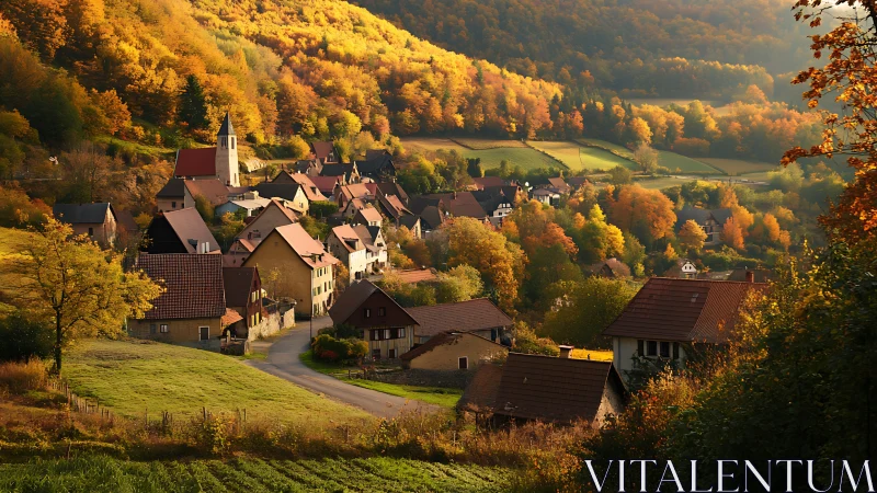 Sunlit hillside village nestled in a glowing autumn valley.