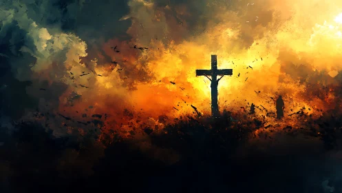 Glowing crucifix silhouettes against a storm of fiery clouds.