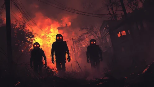 Three glowing-eyed figures walk through a burning city street