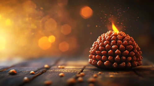 Single lit pinecone-shaped candle on wooden surface at dusk.