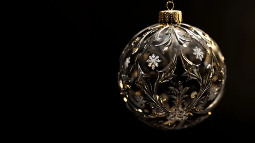 Gilded glass ornament with intricate floral winter filigree.