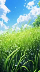 Morning dew on sunlit meadow grass under blue sky.