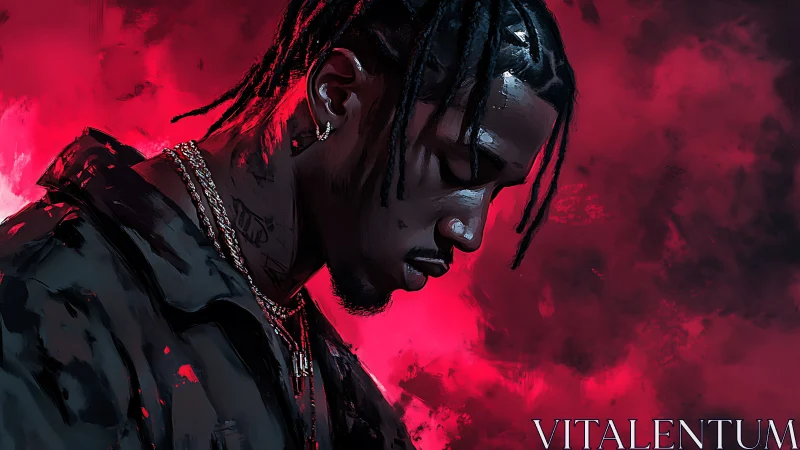 Profile portrait of braided man in red atmospheric glow