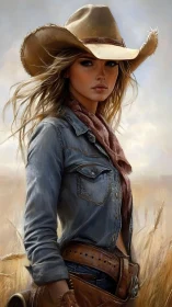 Cowgirl figure in denim jacket within open field setting.
