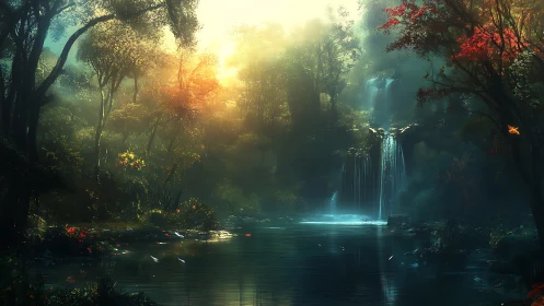Enchanted Forest Waterfall at Golden Hour.