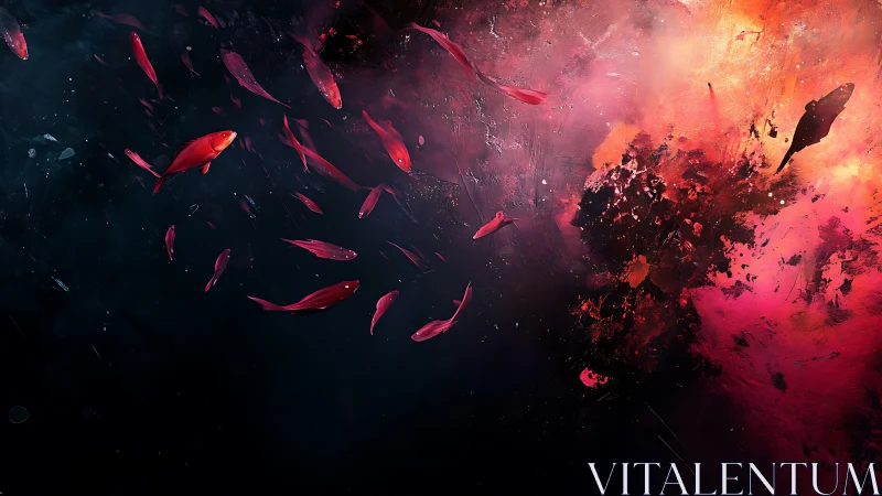Red fish silhouettes traverse dark water beside bright eruption