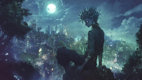 Spiky haired figure overlooking glowing city at night.