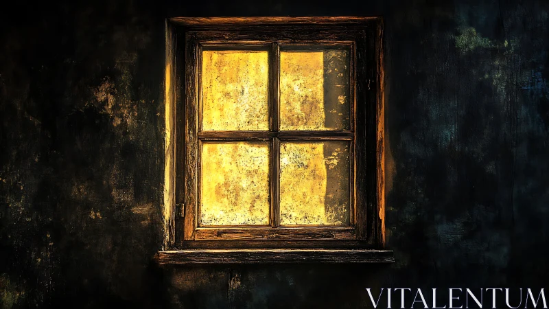 Rust-touched window glowing like a quiet ember in nightfall.