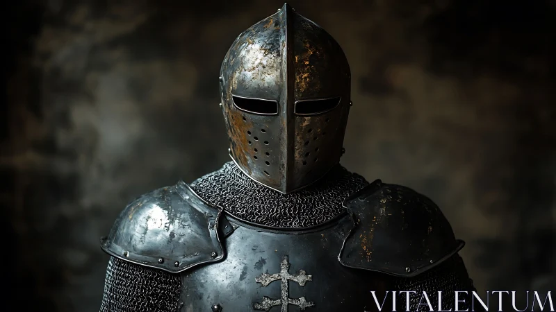 Medieval knight in worn metal armor against dark backdrop.