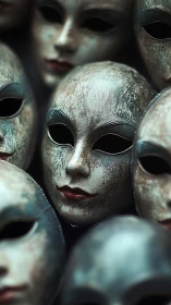 Weathered Venetian masks clustered in dark vignette.