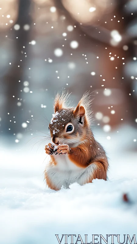 Snowy red squirrel standing upright in soft winter light.
