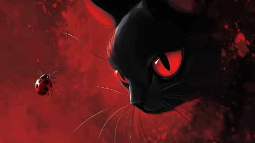 Black cat with red eyes closely observes a flying ladybug