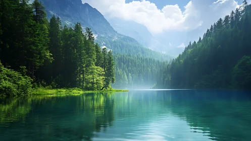 Mountain lake reflects dense conifer forest and distant peaks