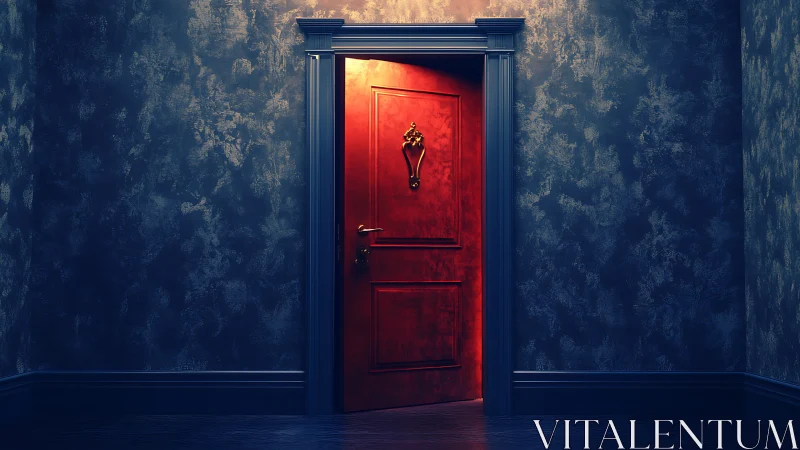 Red interior door with warm light in dark textured hall.