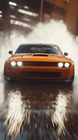 Midnight muscle car charges through rain slick city streets.