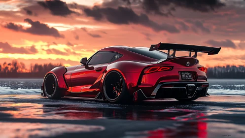 Sunset-kissed red sports car waits poised on wet open road