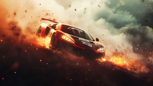 Supercar drifting through fiery embers on stormy racetrack