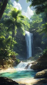 Lush tropical waterfall cove with sunlit turquoise lagoon.