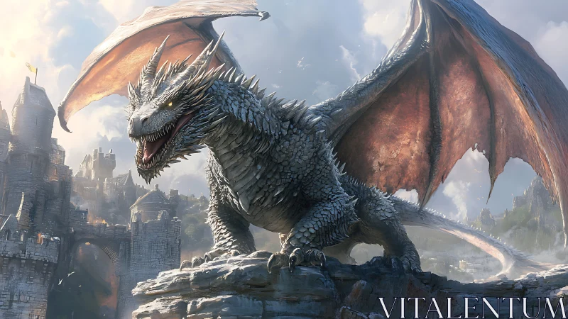 Armored dragon dominates ruined stone fortress at sunrise