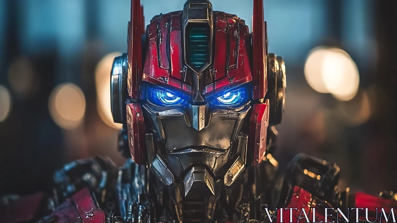 Starlit robot guardian with glowing blue city eyes.