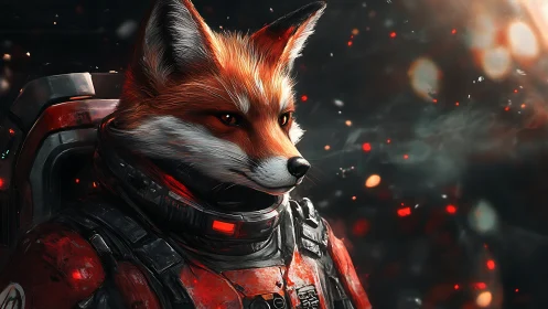 Fox astronaut draped in embers and starlit smoke armor.