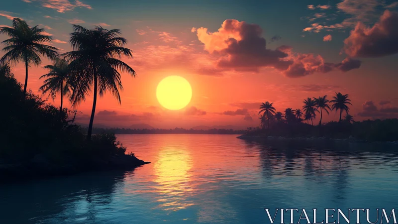 Sunset illuminates tropical coastline with reflected light