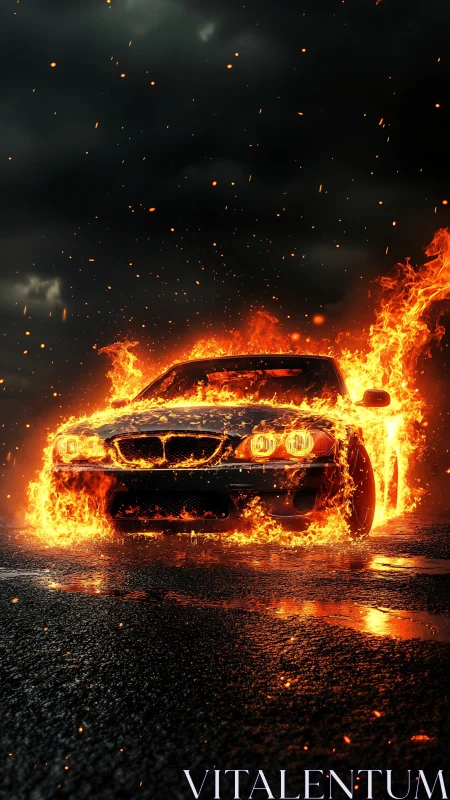 Inferno Rides: Burning Sedan Consumed by Brilliant Flames